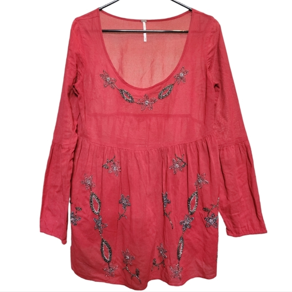 Free People floral beaded tunic. Red. XS